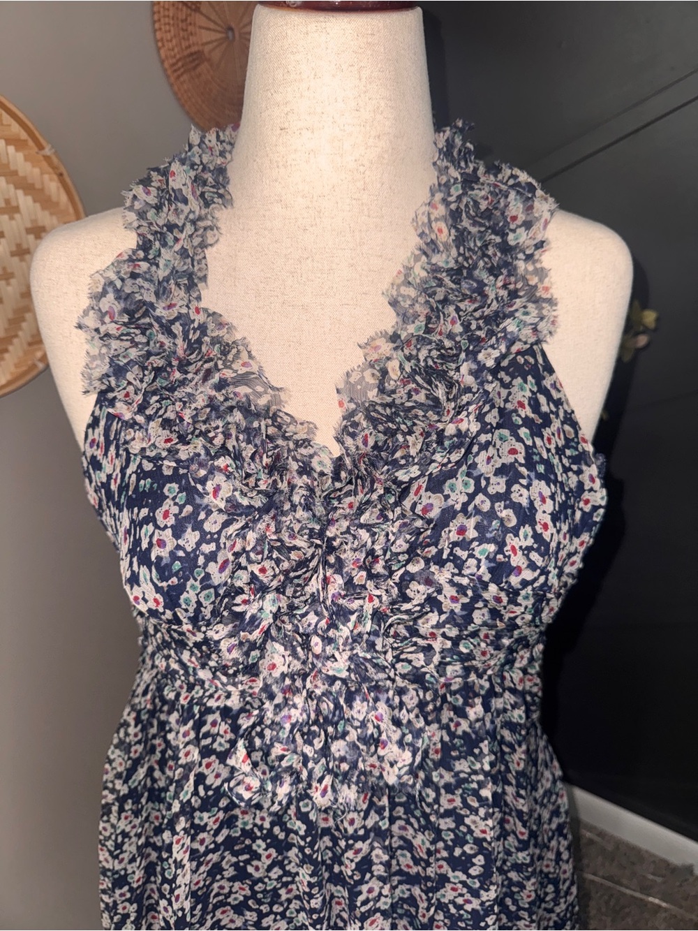 MM Couture Navy Floral Ruffle Halter Mini Dress 100%silk smocked cottagecore - Picture 2 of 8